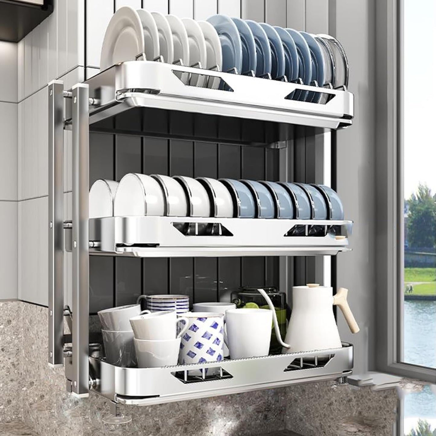 Dish Drying Rack with Drain Board - Rustproof Stainless Steel Dish Rack with Utensil Holder,Dish Racks for Kitchen Counter Over Sink,Over-Sink Drying Rack(Wall-Mounted,Third Floor)