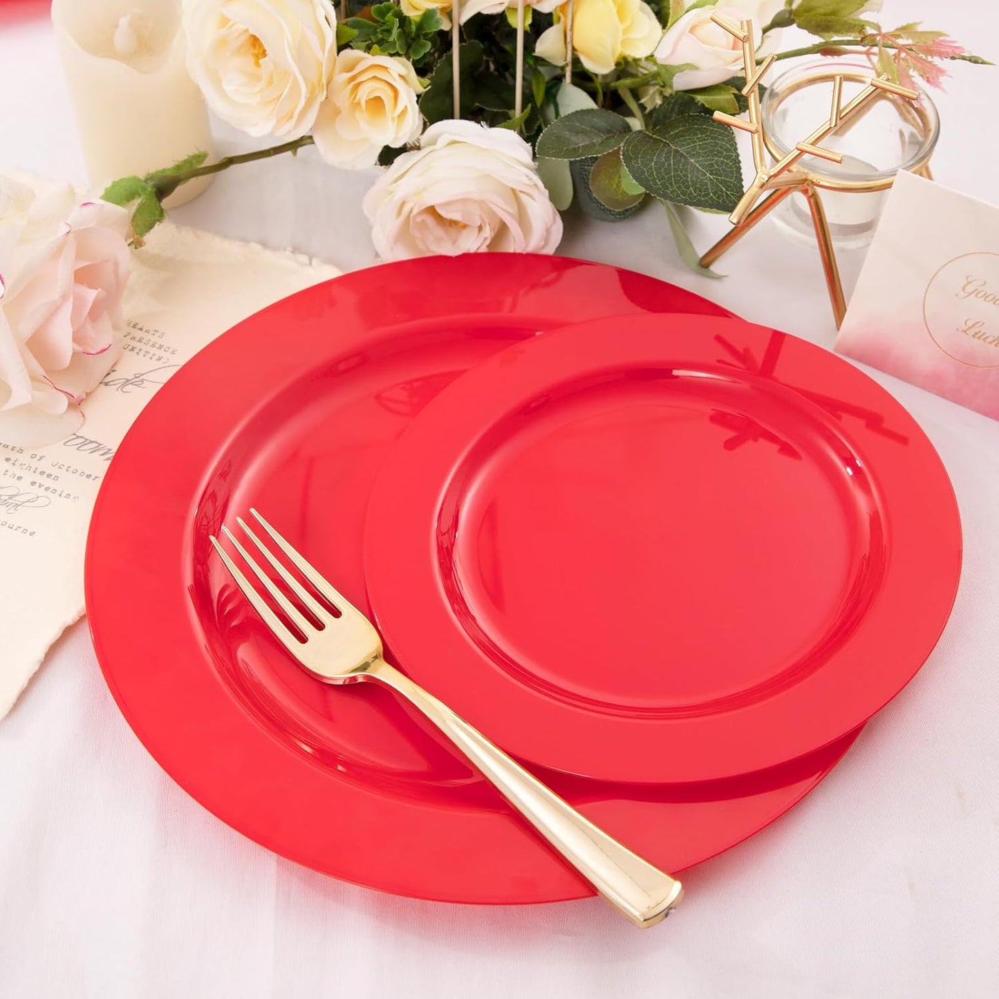 FLOWERCAT 60PCS Red Plastic Plates - Heavy Duty Red Plates Disposable for Party - Include 30PCS 10.25inch and 30PCS 7.5inch for 30 guests Party & Christmas & New Year