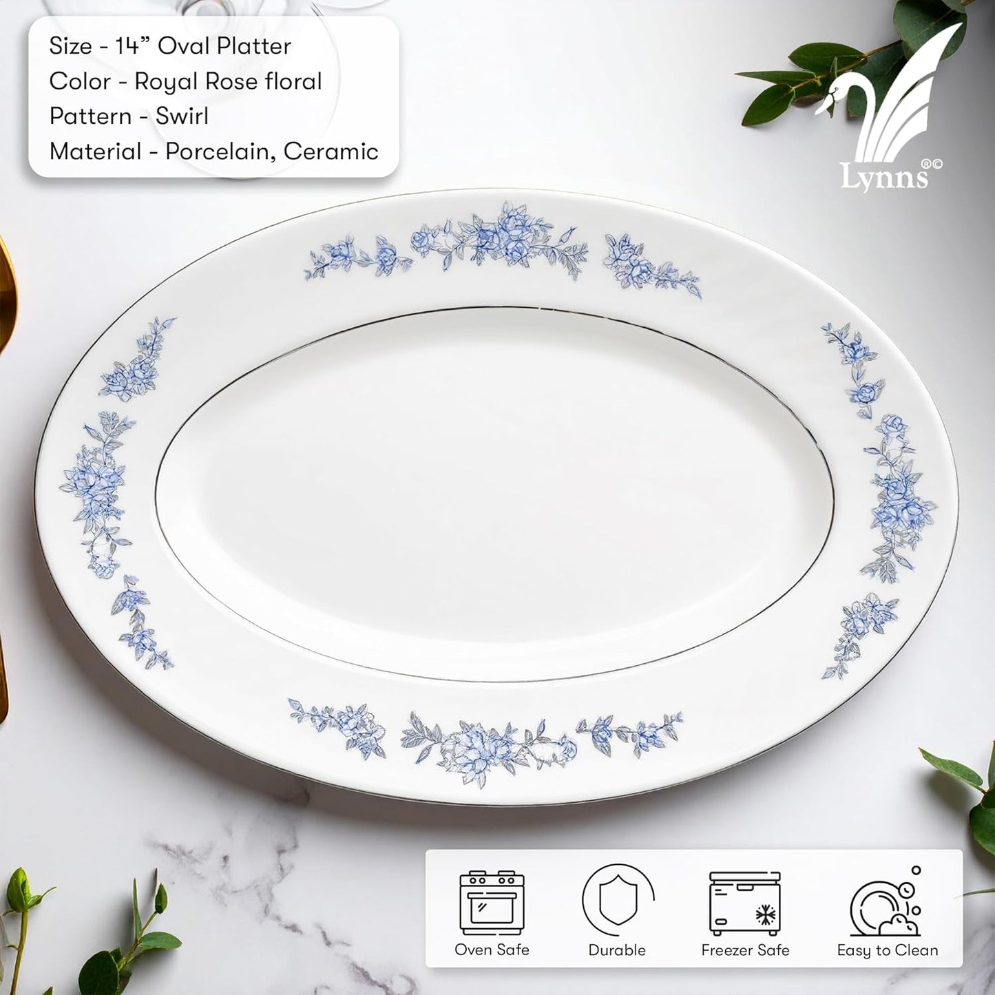 Lynns Paradise Royal Rose 14-Inch Oval Platter, Set of 2, Blue; Heavy Duty; Chip Resistant; Lead and Cadmium Free; Freezer to Oven Safe up to 500°F