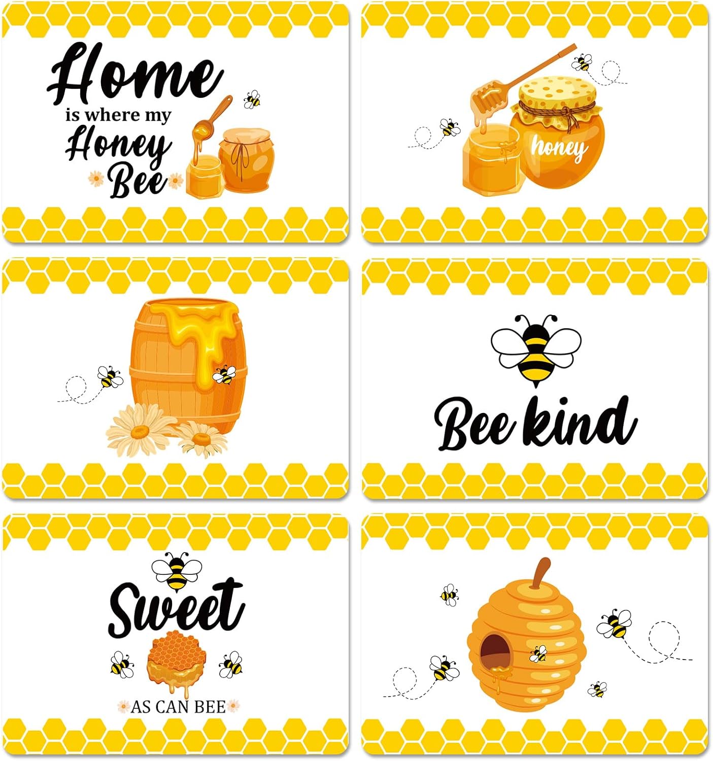 Honey Bee Placemats Set of 6 Summer Plastic Table Mats Yellow Bee Theme Placemats Washable Farmhouse Rustic Holiday Table Decoration for Indoor Outdoor Party Kitchen Dining