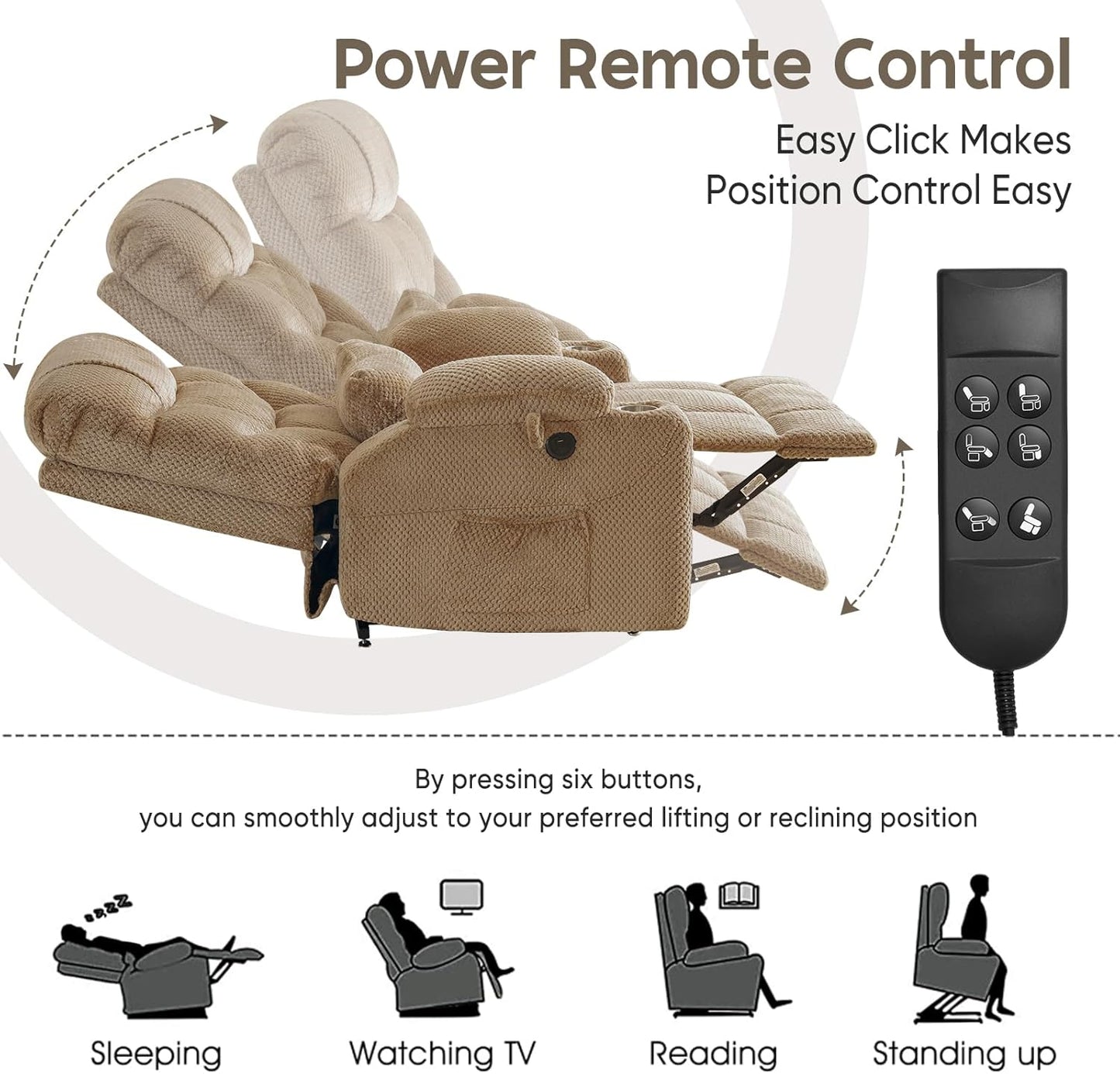Oversized Dual Motor Lay Flat Power Lift Recliner Chair with Massage, Heating, Lumbar Pillow, USB & Type-C Ports, Textile Lift Chairs Recliners, Large Recliner for Big & Elderly People - Beige