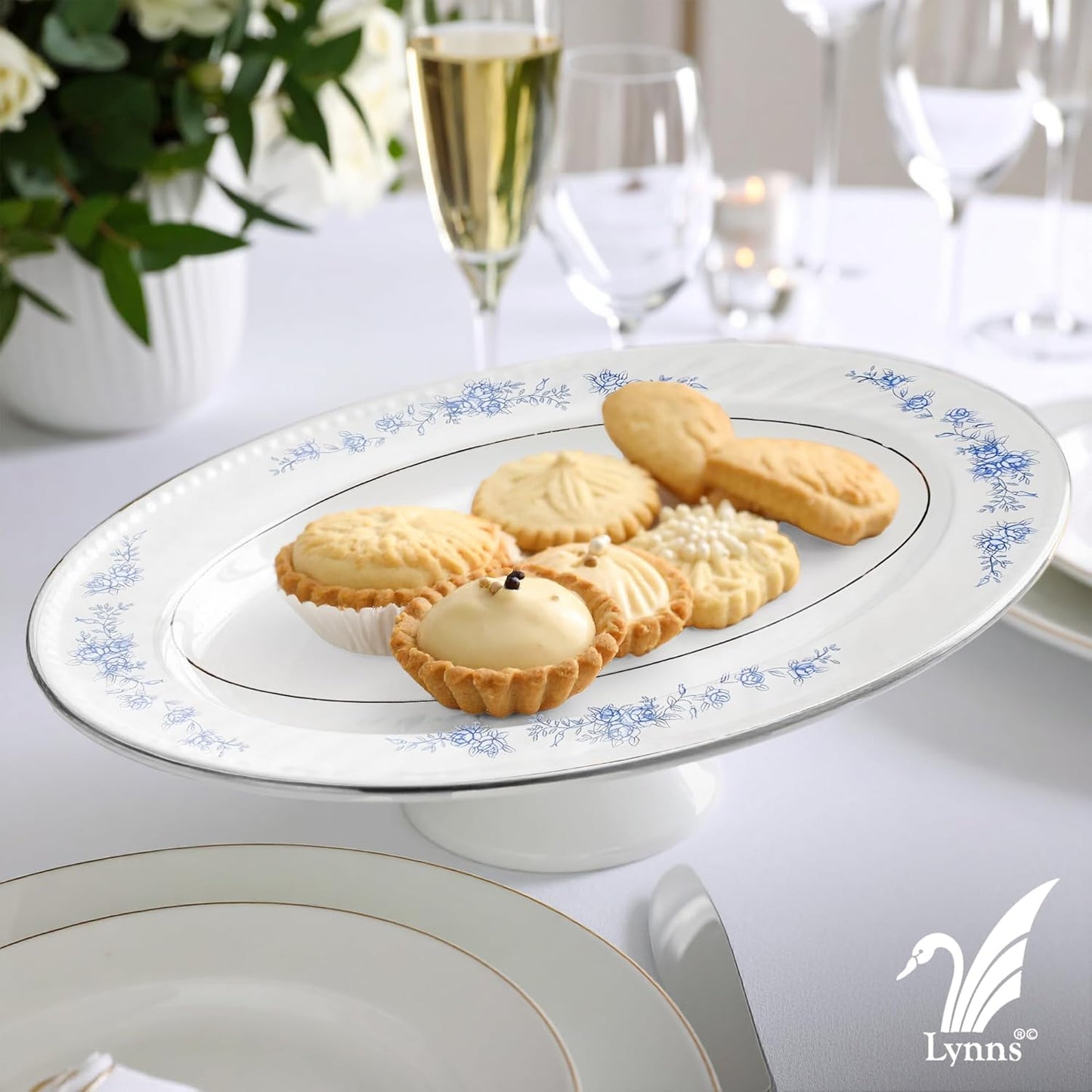 Lynns Paradise Royal Rose 14-Inch Oval Platter, Set of 2, Blue; Heavy Duty; Chip Resistant; Lead and Cadmium Free; Freezer to Oven Safe up to 500°F