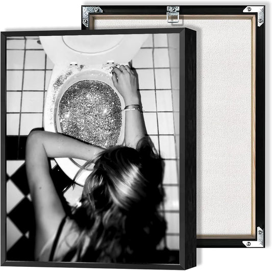Funny Bathroom Wall Art Black and White posters Bar Disco Party prints painting Girls Bathroom Canvas wall art Funky aesthetics Teen Girl Bedroom wall decor for 24x36in Framed