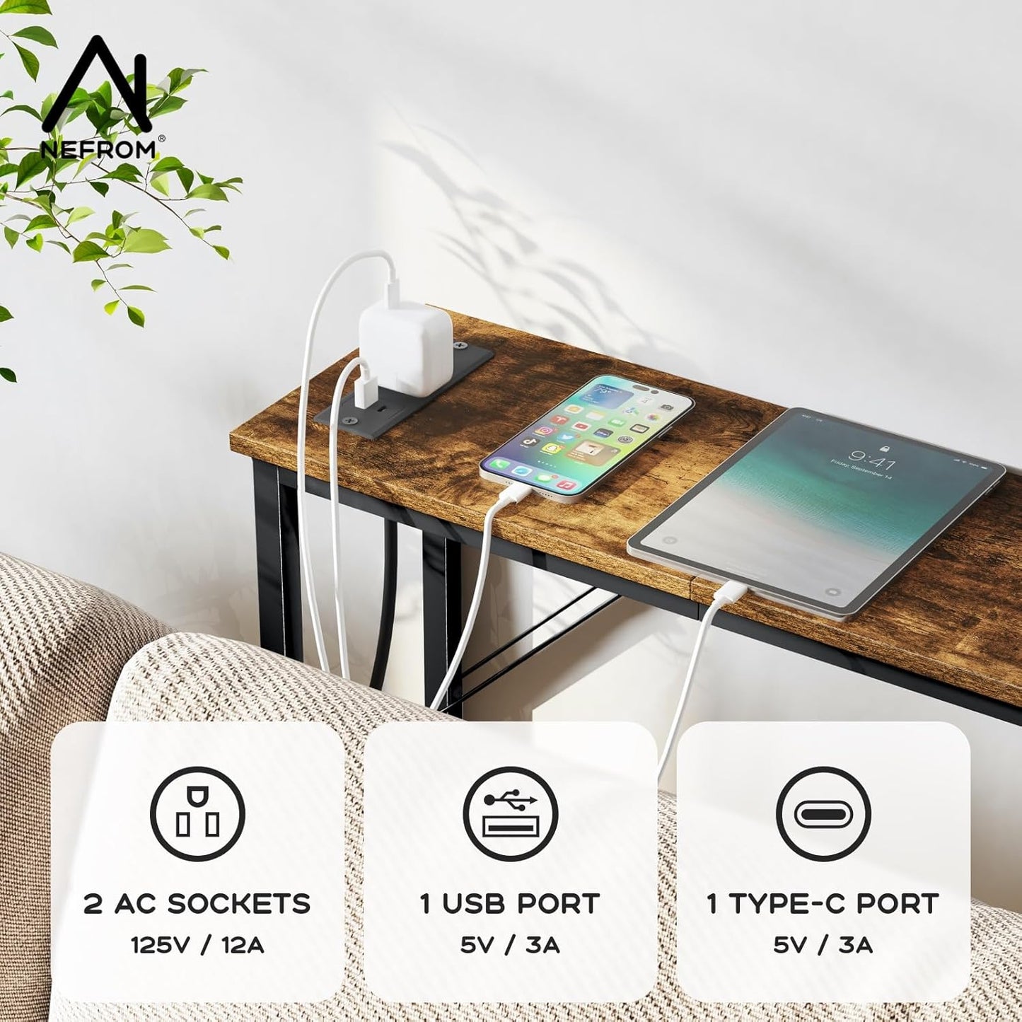 47.2'' Console Table, Skinny Entryway Table with Fast-Charging Station, Narrow Long Sofa Table, Behind Slim Couch Table for Entrance, Hallway, Living Room Decor ST-BR120-1