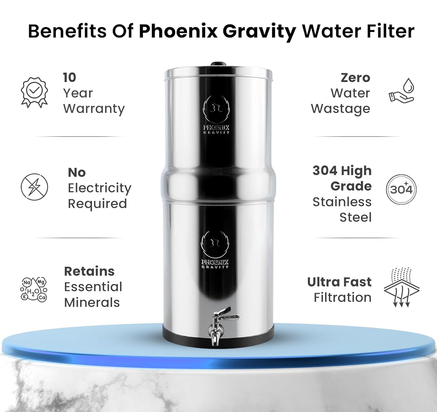 2.25 Gallons NSF Certified AISI 304 Stainless Steel Water Filter with 2 Smart Carbon (Black) Filters, 2 POSTreat Steel Fluoride Removal Elements & Free Stainless Steel Spigot