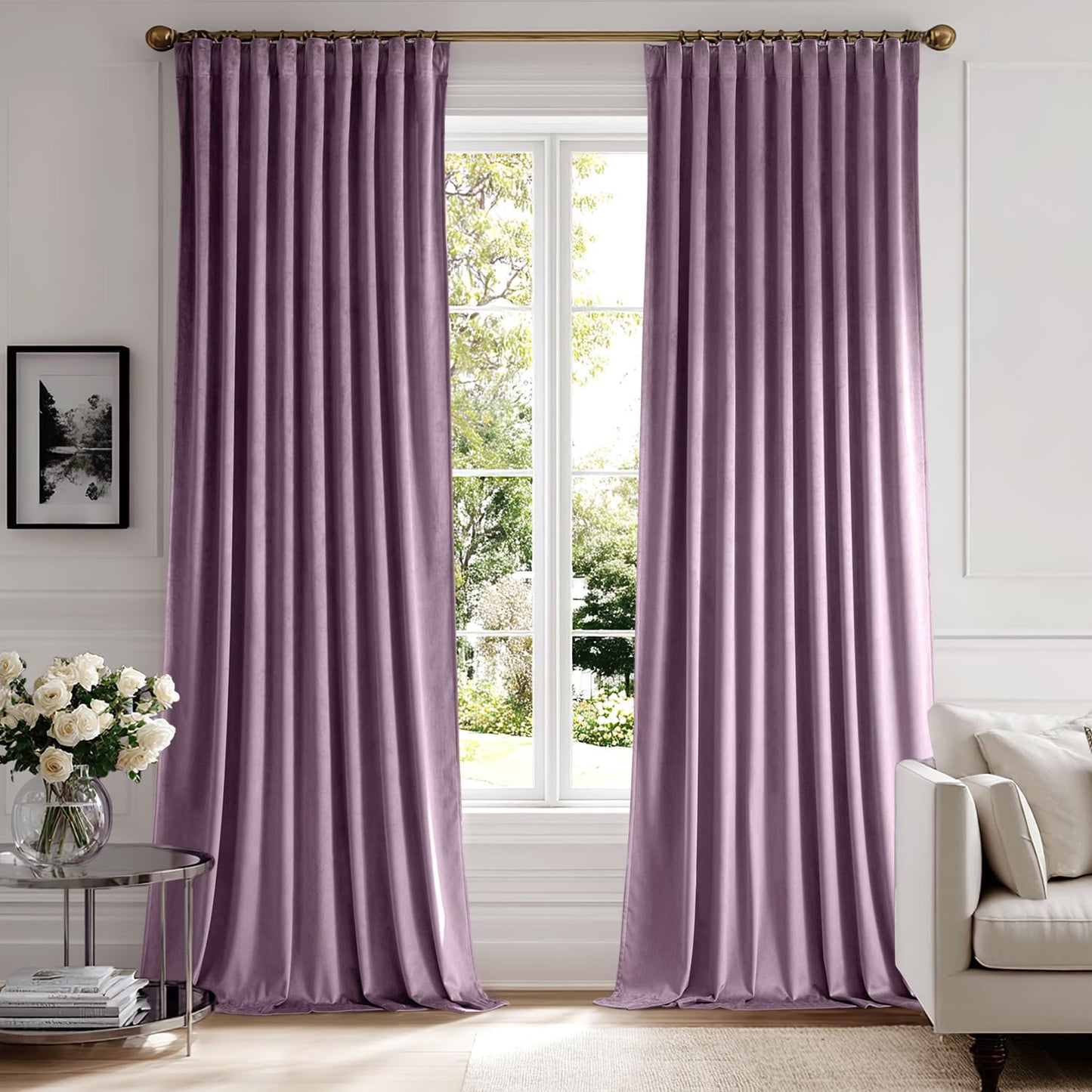 MIULEE Lavender Velvet Curtains 90 inches 2 Panels - Luxury Room Darkening Window Drapes for Bedroom Living Room Thermal Insulated Super Soft Blackout, Back Tab Rod Pocket Pinch Pleated, Purple