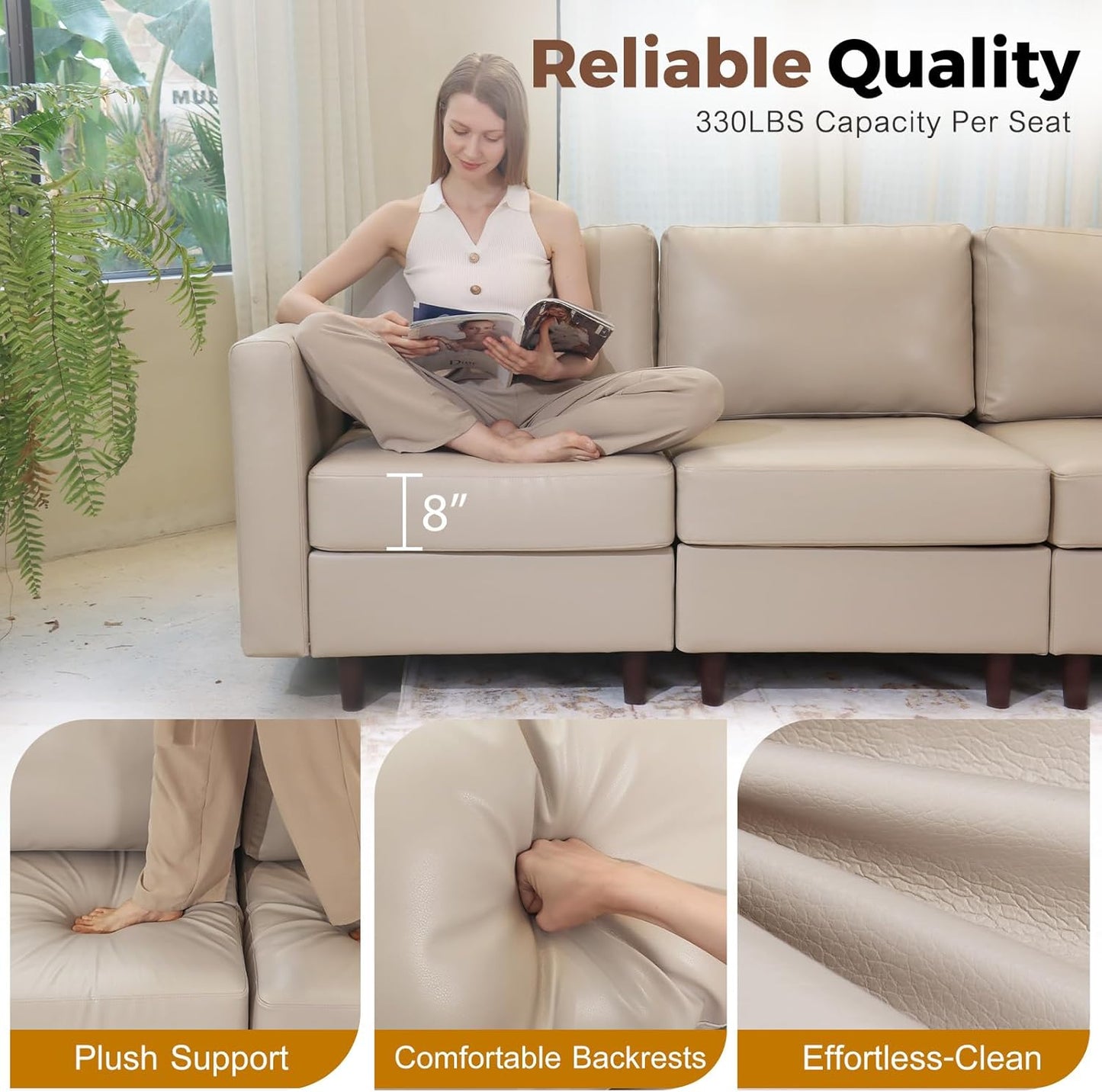 Faux Leather Single Sofa with Storage Ottoman, Modern Accent Chair Deep Seat Large Reading Armchair, Chaise Lounge Chair for Living Room Bedroom Office Whitesand