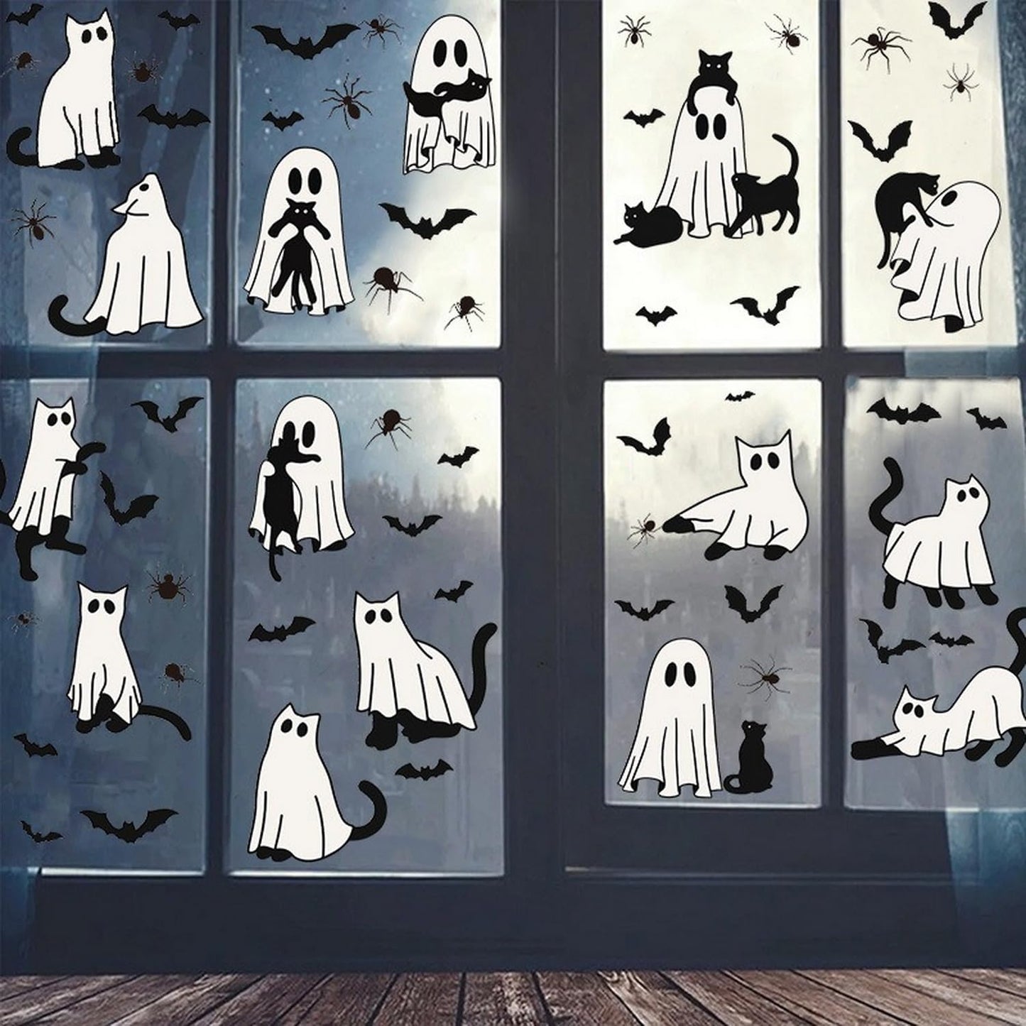 Halloween Ghost Window Clings for Glass 6 Sheets Cute Window Decals Spooky Window Stickers Cat Spider Reusable Windows Cling for Halloween Fall Party Home School Office Glass Supplies Decorations