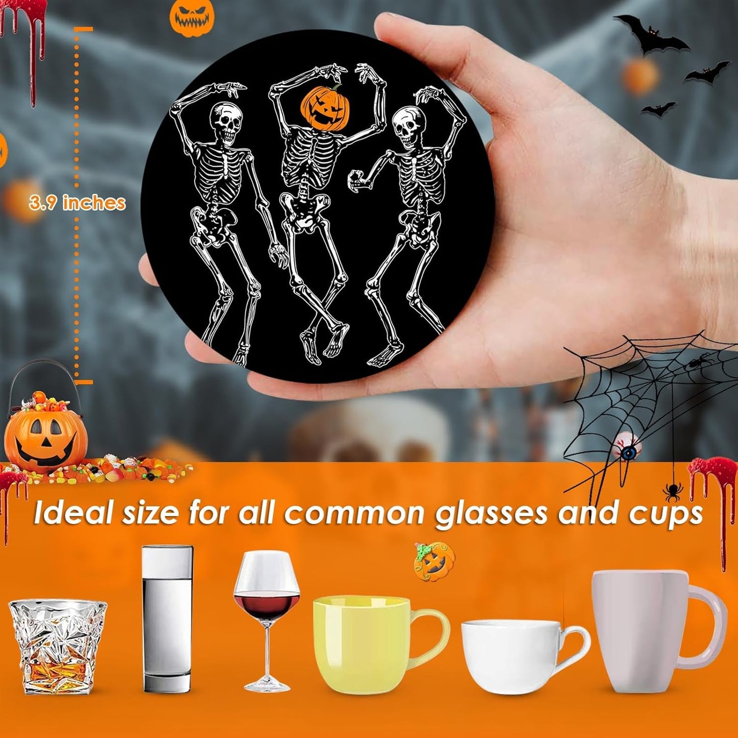 Coaster for Drinks Set of 6, Happy Fall Absorbent Round Ceramic Stone Mat, with Cork Base and Metal Holder