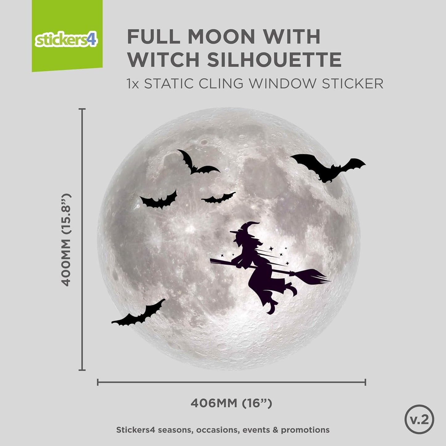 Halloween Window Clings for Glass Windows - 16" x 16" Moon Window Decal - Witch Clings Silhouette - Halloween Decorations