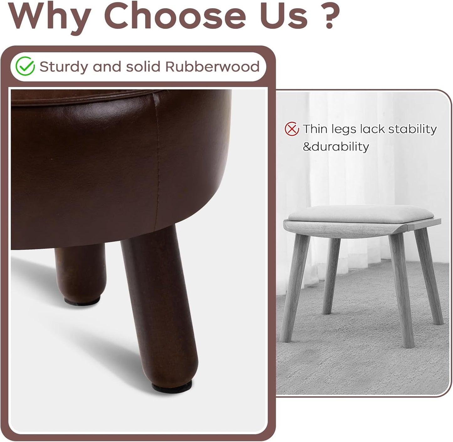 Small Foot Stool Ottoman, Round Pouf Foot Rest, Footstool Ottomans with Rubber Legs Under Desk, Faux Leather Footrest for Couch, Living Room, Bedroom, Office, 13''L x 13''W x 10.2''H, Coffee