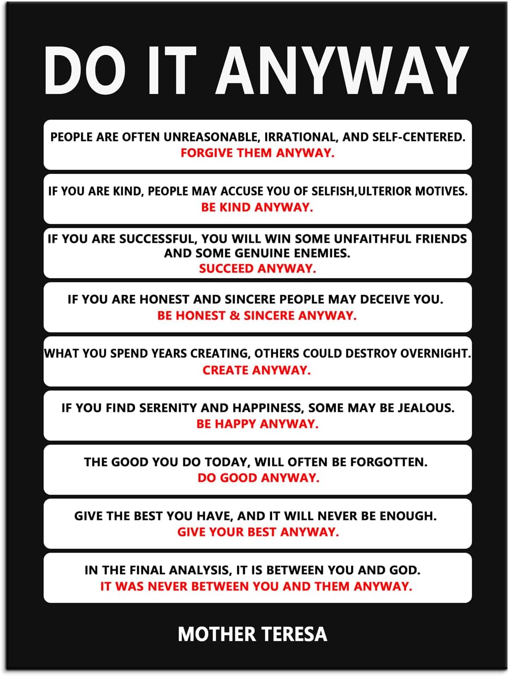 Do It Anyway Motivational Wall Art Inspirational Poster Mother Teresa Quote Canvas Prints Artwork for Office Living Room Modern Home Decor Painting Pictures Stretched and Framed [18''Wx 24''H]