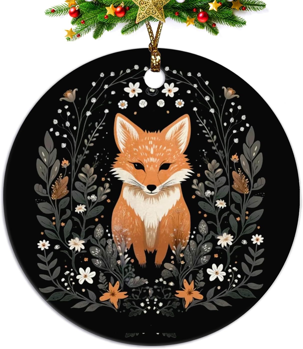 Fox Ornament, Fox Gifts for Women Girls Men,Gifts for Fox Lovers, Cottagecore Botanical Fox Ceramic Ornaments, Fox Decorative Hanging Ornament
