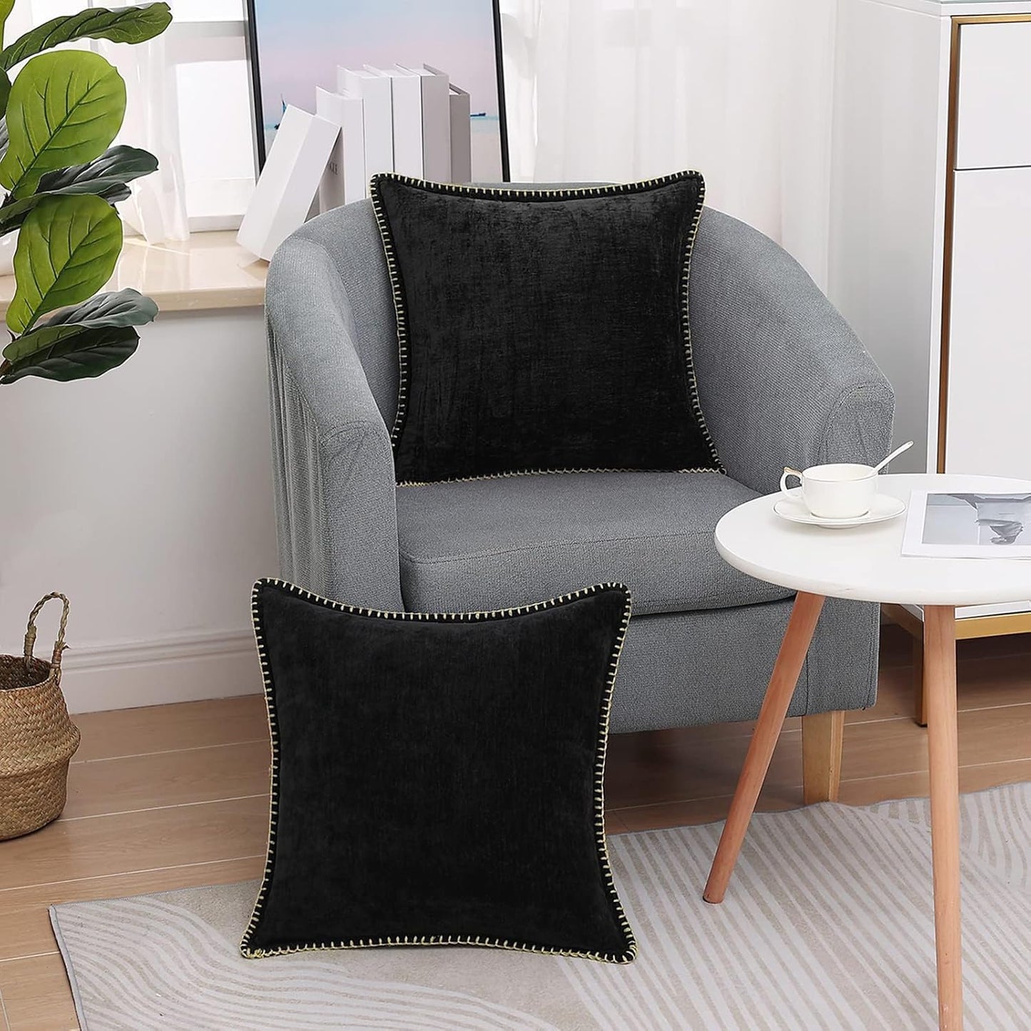 decorUhome Chenille Soft Throw Pillow Covers 22x22 Set of 2, Farmhouse Velvet Neutral Decorative Euro Pillow Covers with Stitched Edge for Couch Sofa Bed Home Decor, Black