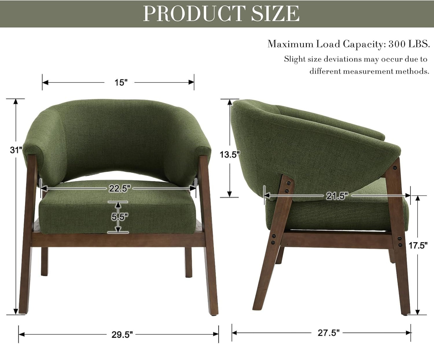 Mid-Century Modern Accent Chairs Set of 2, Comfy Barrel Armchairs with Wide Seat, Upholstered Lounge Chairs with Walnut Wood Legs for Living Room/Bedroom/Reading Corner, Linen Fabric, Deep Green