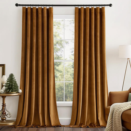 MIULEE Gold Brown Velvet Curtains 90 inches Long 2 Panels - Luxury Pinch Pleated Room Darkening Window Drapes for Bedroom Living Room Thermal Insulated Super Soft Blackout, Back Tab Rod Pocket