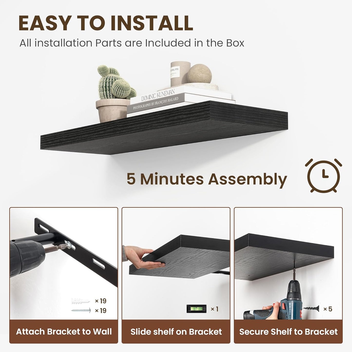 12 Inch Deep Floating Shelves, 24 Inch Long Floating Shelves for Wall, Floating Shelf with Invisible Brackets, Deep Shelves for Bathroom, Bedroom, Living Room, 2 Pack, Black