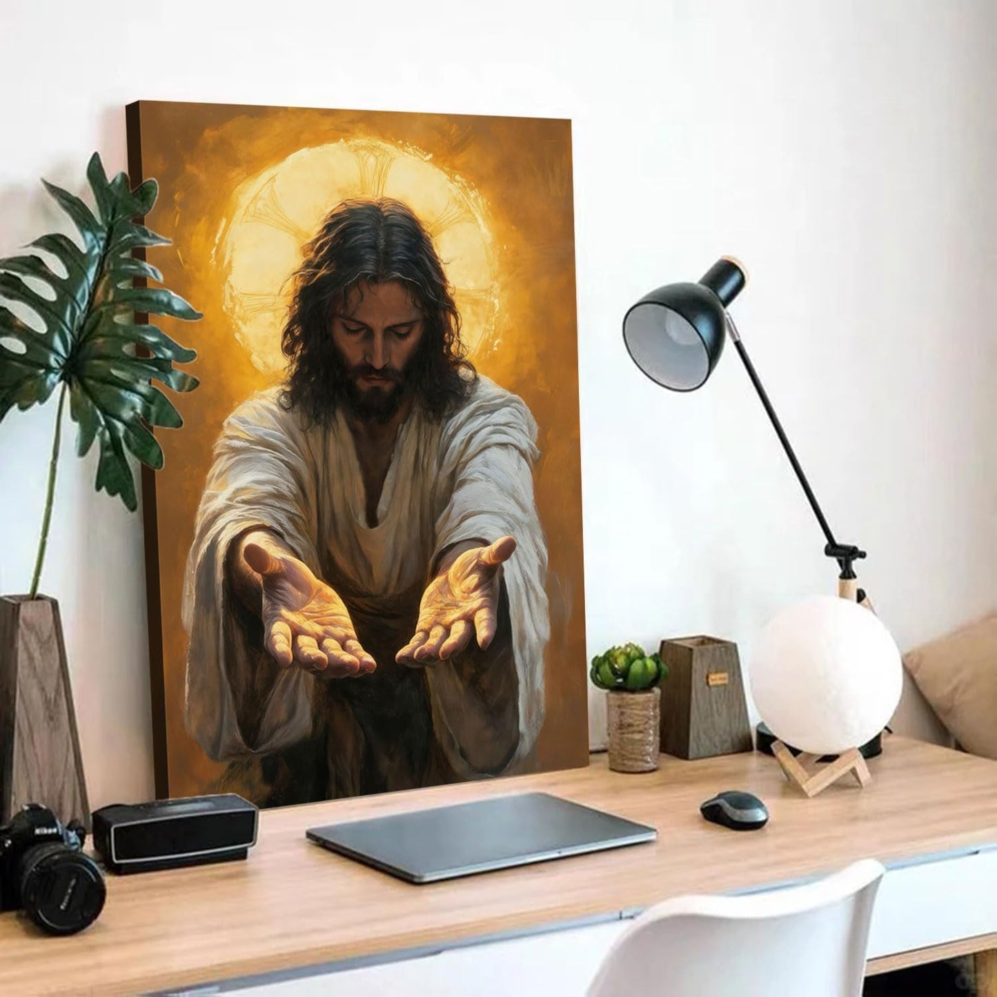 Framed Jesus Canvas Wall Art Painting with Gold Halo Christian Religious Poster Inspirational Christian Gallery Decor Painting Home Church Prayer Room Wall Hanging Print 24x36 Inch Ready to Hang