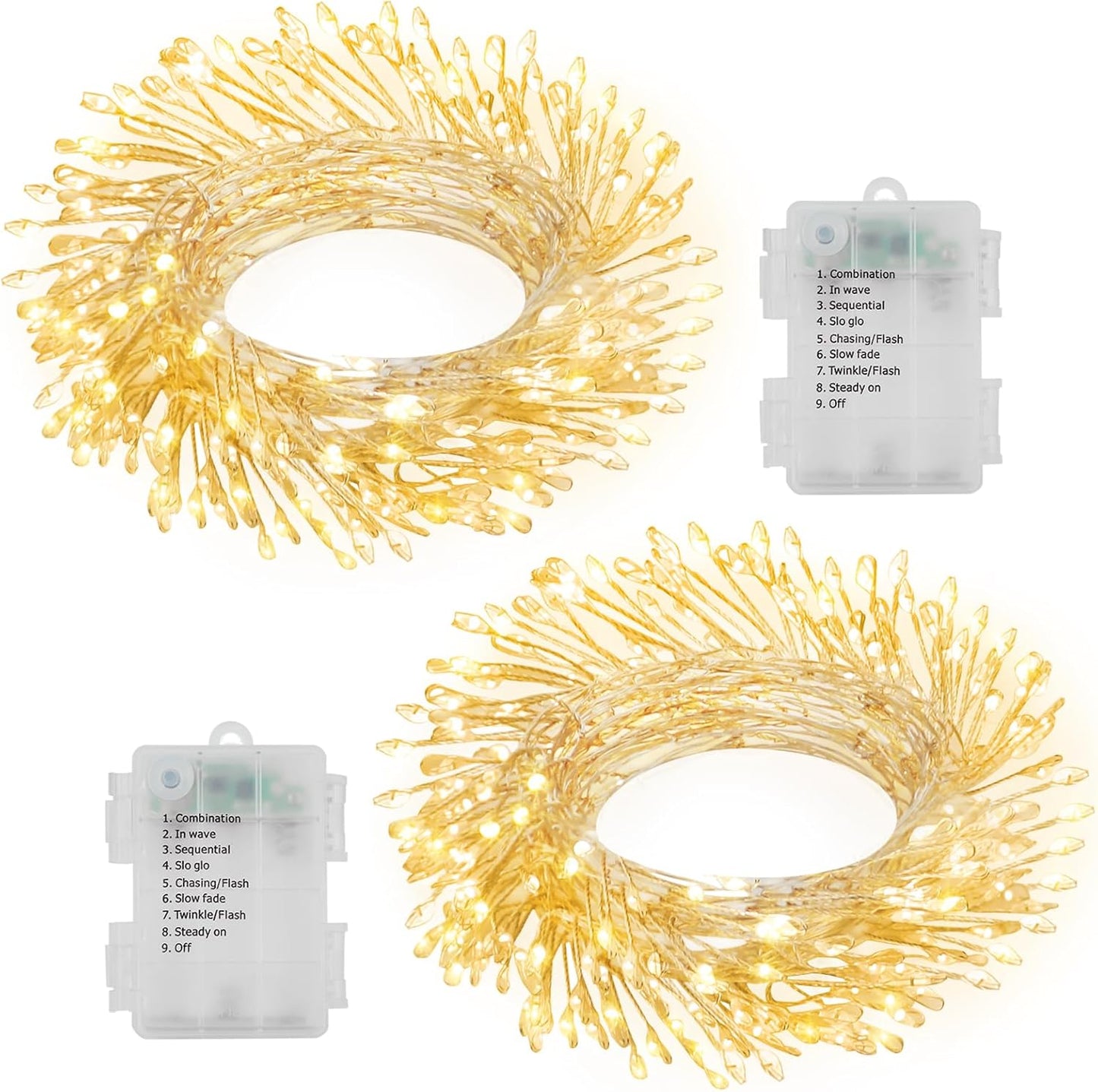 2 Pack Cluster Fairy Lights Battery Operated, Total 20Ft 400 LED Christmas String Lights with Timer 8 Modes Silver Wire Firecracker Fairy Lights for Garlands Tree Wedding Decoration (Warm White)