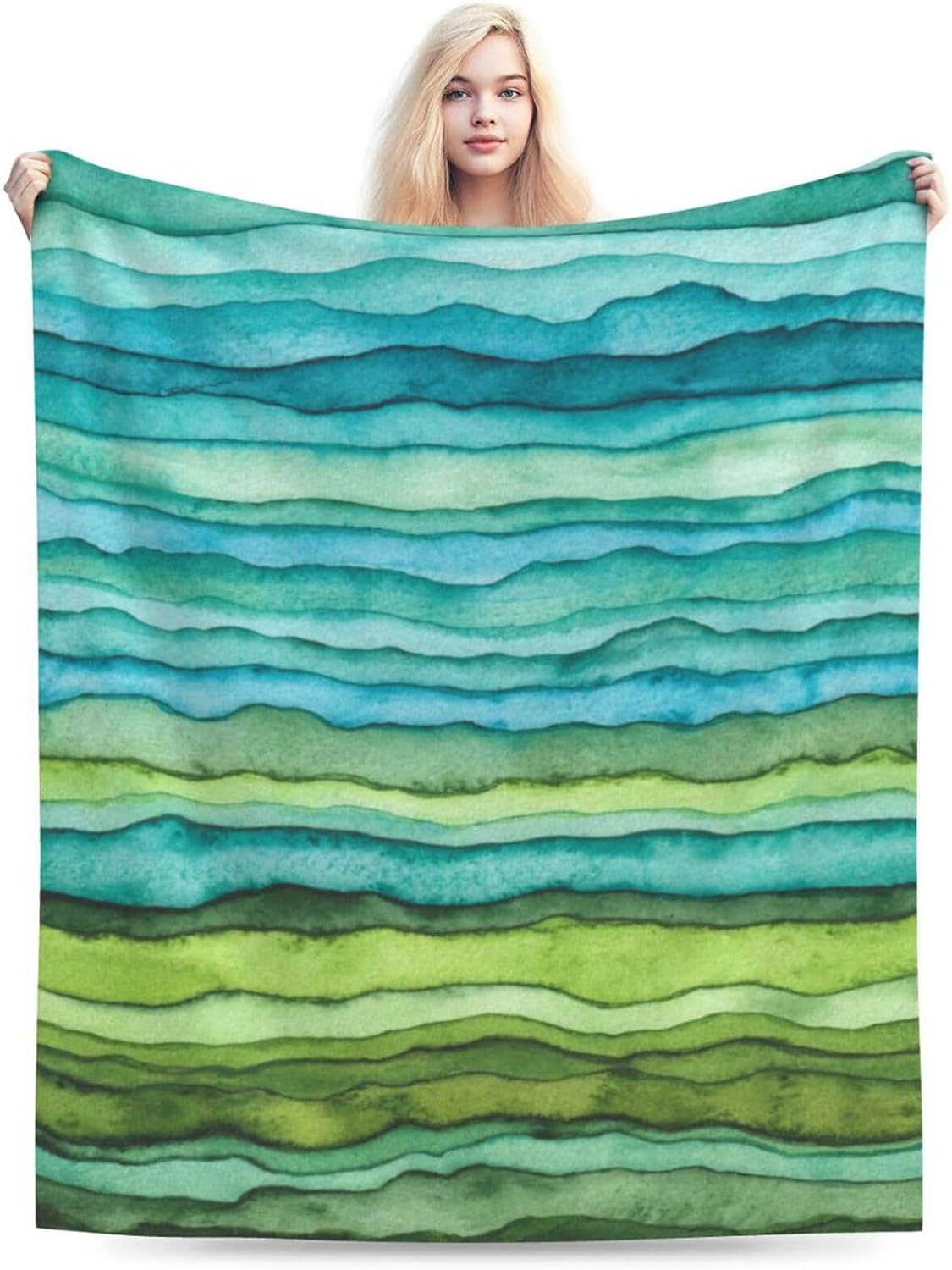 HGOD DESIGNS Watercolor Stripped Waves Blanket for Women, Lightweight Soft Fleece Flannel Throw Blanket Blue and Green Sofa Couch Living Room 40x50 Inch