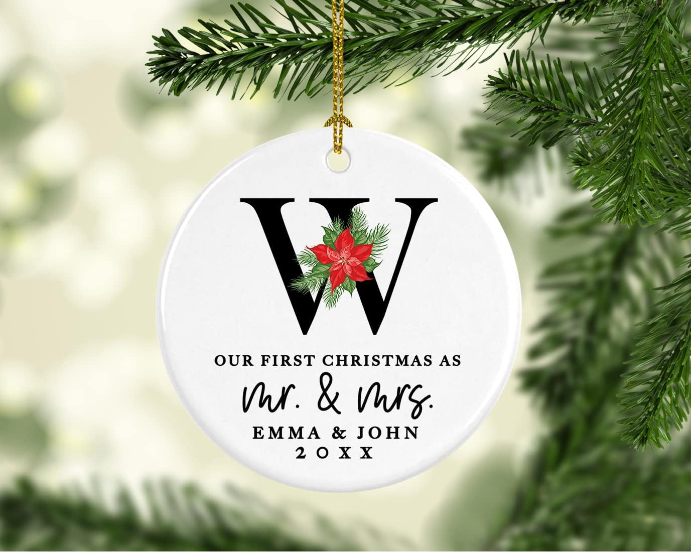 Andaz Press Personalized Our First Christmas As Mr. & Mrs. 2025 Christmas Ornaments Monogram Poinsettia 2.8" Round Porcelain Ceramic 1st Year Married Custom Ornament Keepsake for Newlyweds 1-Pack