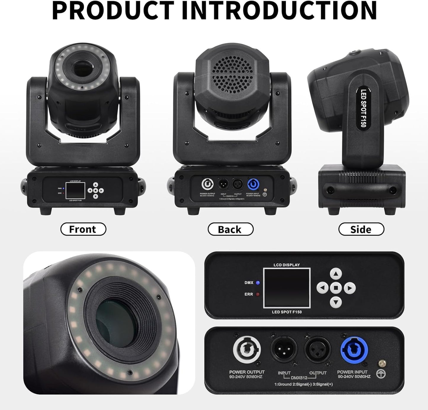 DJCLUB Moving Head Lights LED 100W Spot Effect with 6 Rotating & 7 Gobos 8 Colors Projector 5-Facet Prism by DMX512 Control Stage Lights for Disco Bar Wedding Party (LED 150W Moving Head)