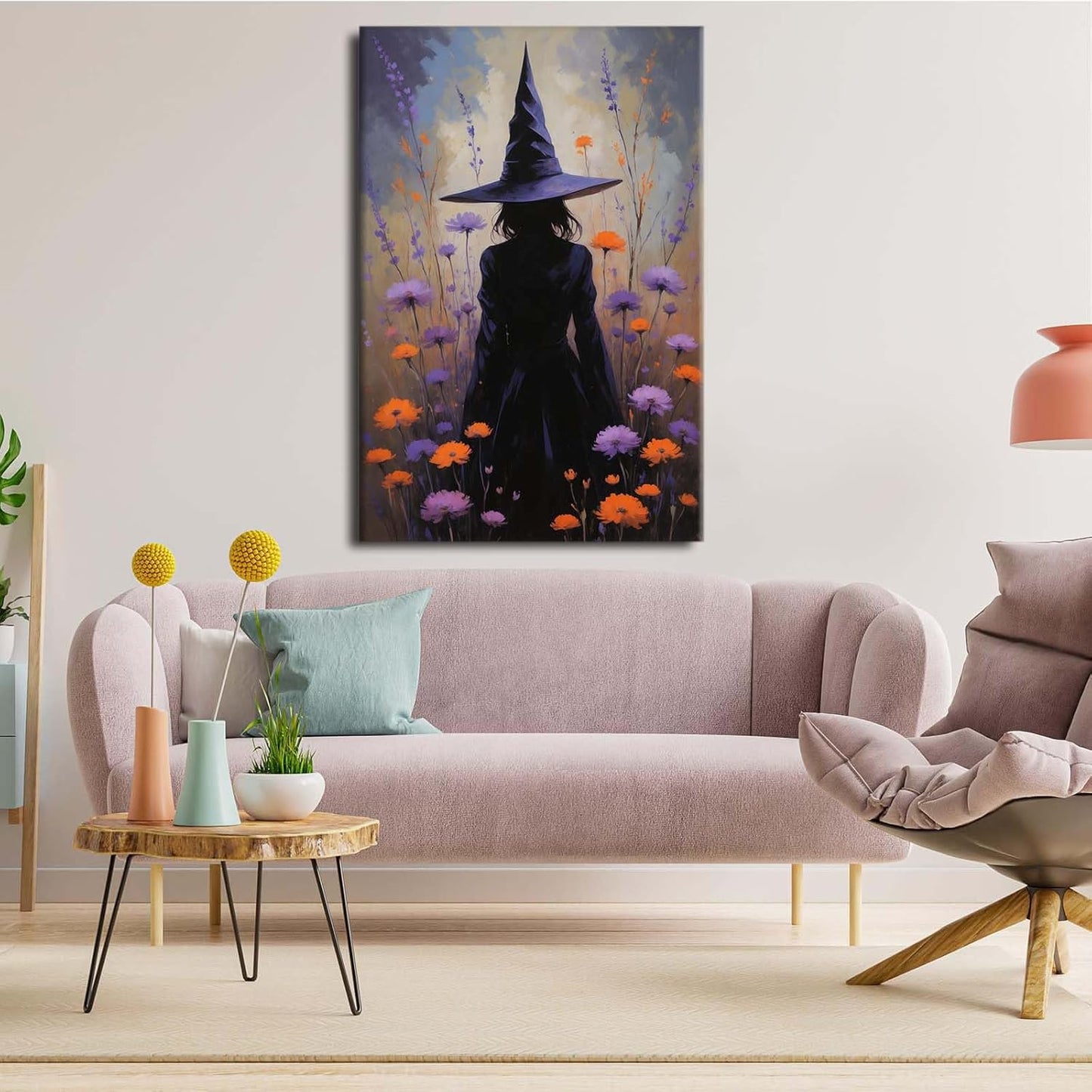 Country wildflower witch canvas print halloween mashup art witch purple decoration bohemian elegant art poster8x12in Wood Framed