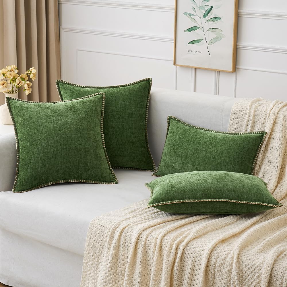 MIULEE Pack of 2 Fall Couch Pillow Covers 18x18 Inch Moss Green Farmhouse Decorative Throw Pillow Covers with Stitched Edge Soft Chenille Solid Dyed Pillow Covers for Sofa Bed Living Room