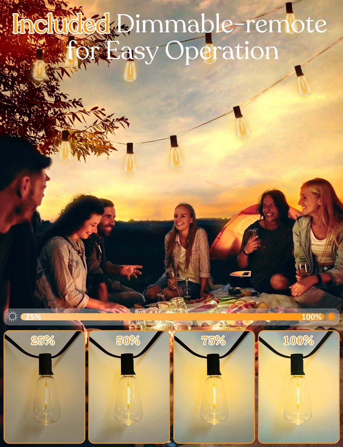 50 FT Outdoor String Lights - LED Waterproof Patio Lights with Dimmer Remote - Edison Bulbs for Porch, Backyard & Cafe/Bistro