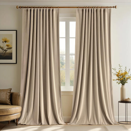 MIULEE Velvet Curtains 84 inches - Pinch Pleated Luxury Room Darkening Curtains for Bedroom Living Room Blackout Thermal Insulated Super Soft Window Drapes Rod Pocket, Camel Beige, 2 Panels