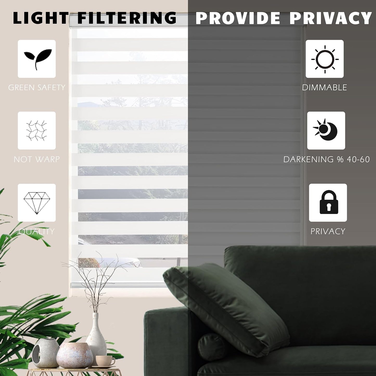 Zebra Blinds for Windows Dual Layer Light Filtering Privacy Free-Stop Sheer Shades Light Control for Indoor Windows Zebra Shades for Living Room(55" W X 72" H, White)