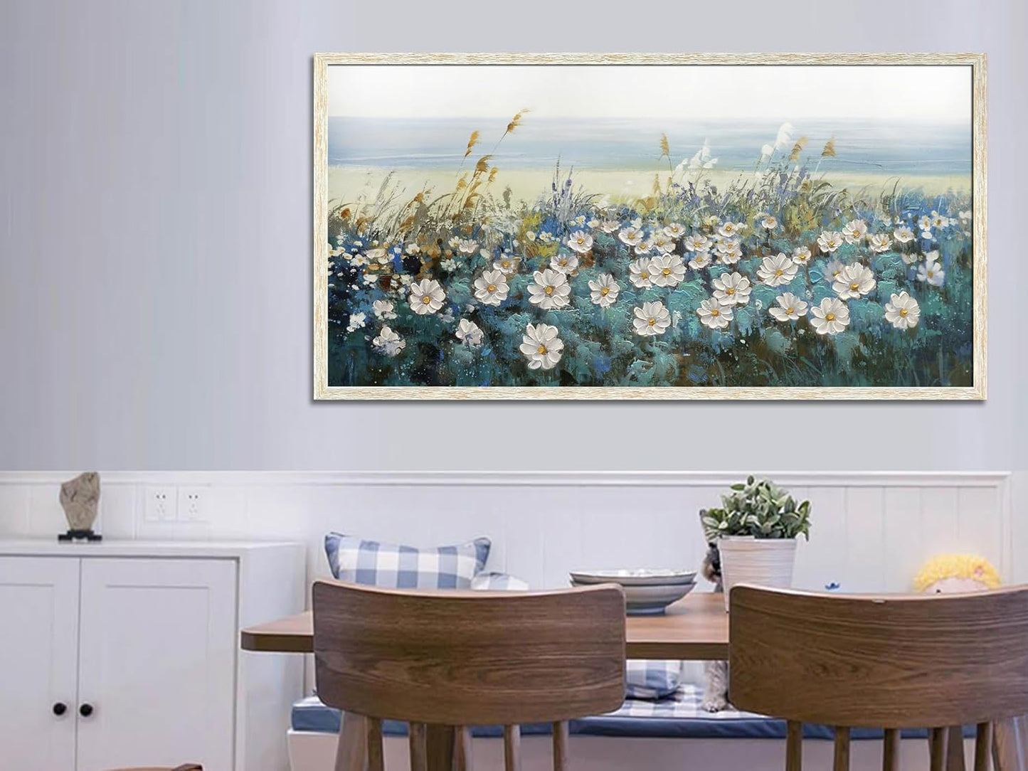 Arjun Flowers Wall Art Canvas White Daisy Floral Painting Blue Coastal Landscape Picture Modern Artwork for Living Room Bedroom Bathroom Dinning Room Office Home Wall Decor Large Framed 40"x20"