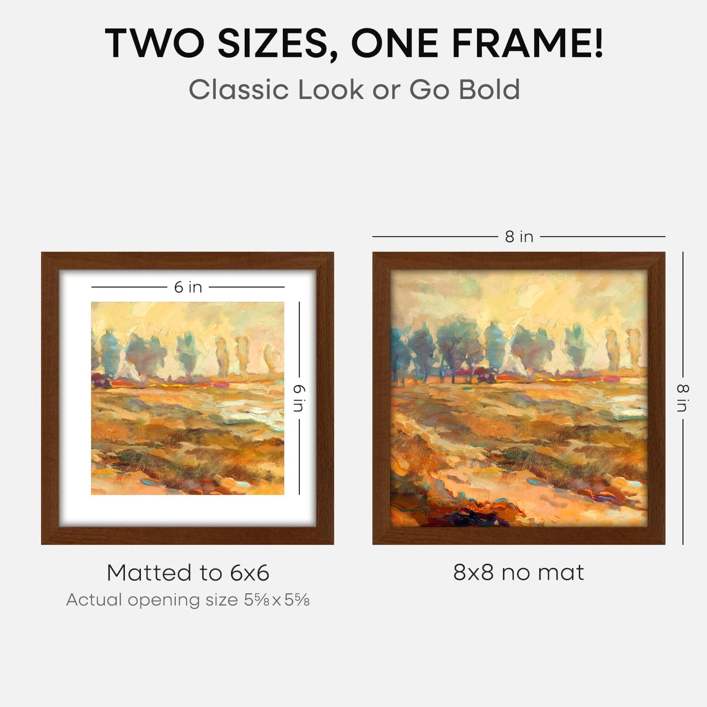 Homeforia 8x8 Picture Frame Brown, High-End Dark Oak 8 x 8 Square Brown Wood Frame with Mat 6 by 6 for Art, 8by8 Wooden Walnut Poster Frame Matted to 6x6 inch Photo, Tempered Glass, Wall Kit, Set of 1