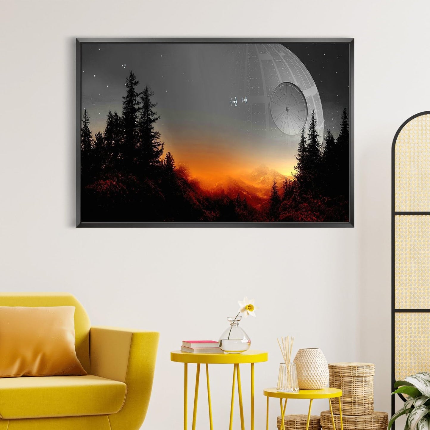 Death Star Inspired Canvas Print Wall Art | Futuristic Space Station Artwork | Smooth Surface Home Decor – Various Sizes (24in x 18in Modern Black Framed)
