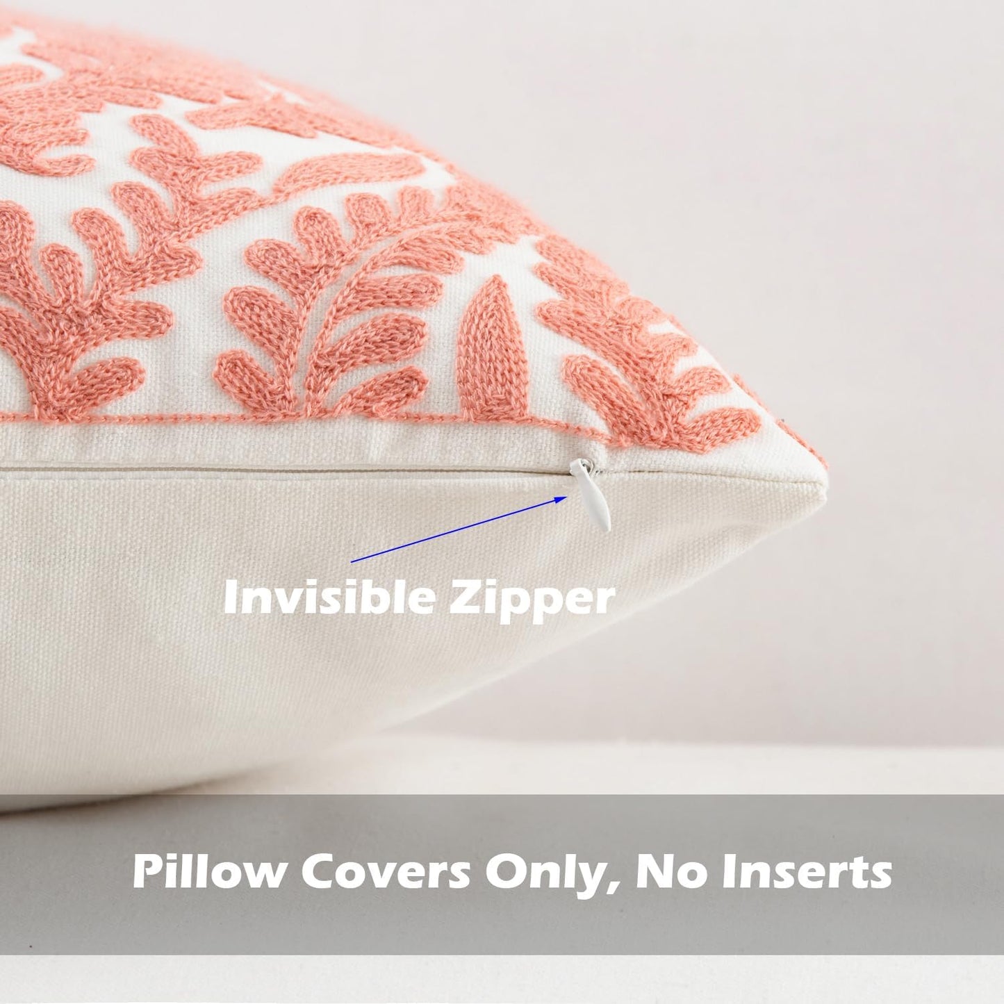 HWY 50 Coral Pink Decorative Throw Pillow Covers 18x18 Inch (1 Piece), Embroidered Cotton Farmhouse Cushion Cover Pillow Case for Sofa Couch Living Room Bed Bedroon, Floral Branches