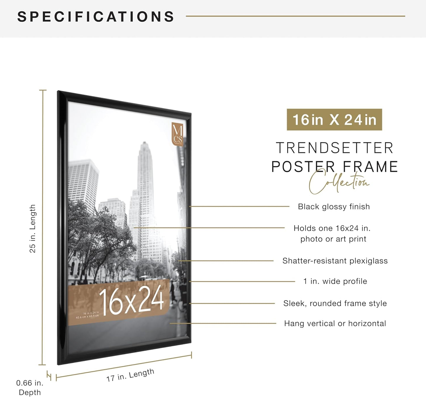 MCS Trendsetter 16x24 Poster Frame Black High-Gloss, Vertical & Horizontal Wall Hanging Large Picture Frame for Photos, Posters & Art Prints (1-Pack)