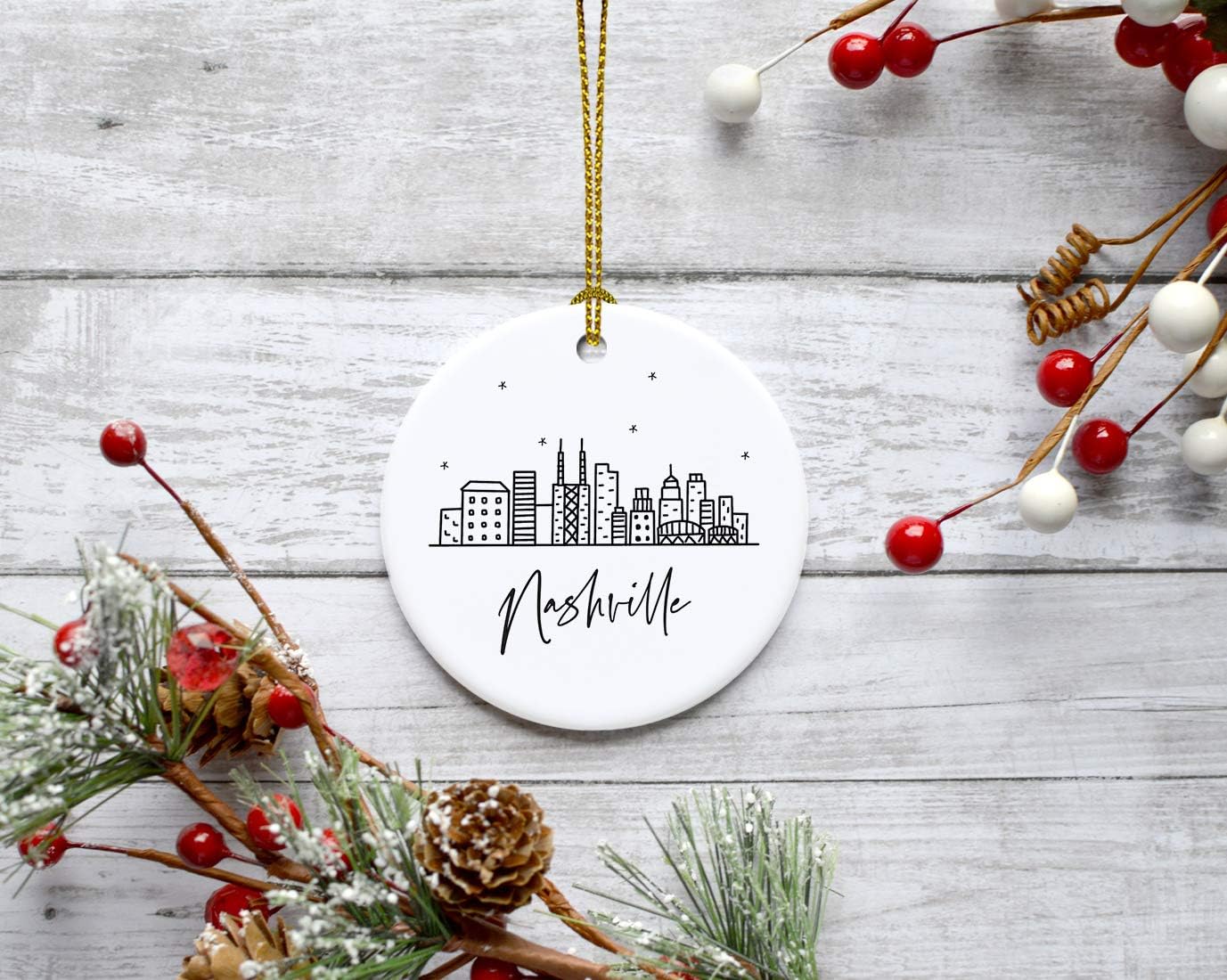 Andaz Press Round Ceramic Porcelain Christmas Tree Ornament, Nashville Black and White Stars City Skyline, 1-Pack, Birthday Ideas for Family Coworker, Christmas Ornament