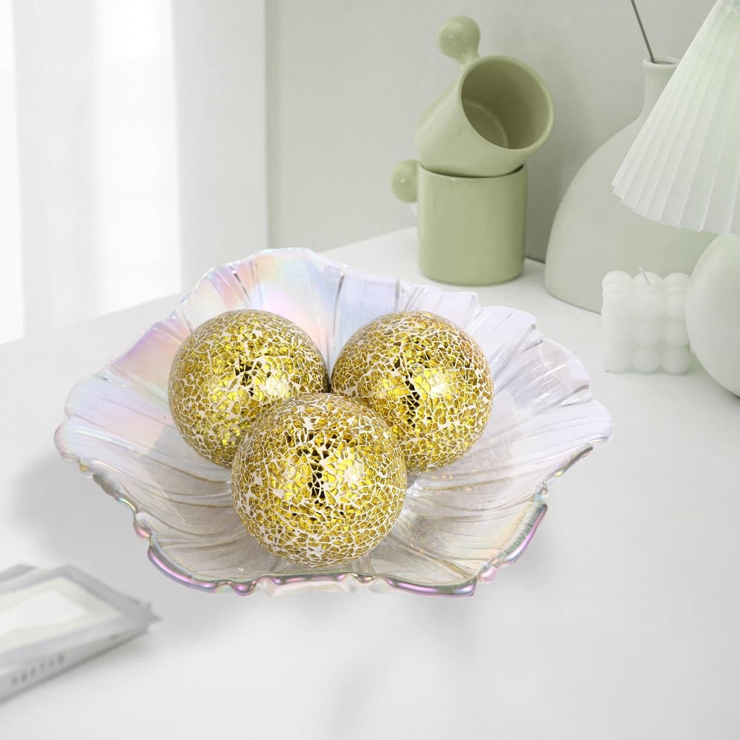 6Pcs Decorative Ball Set, 6cm/2.4inch Mosaic Glass Orbs Centerpiece Balls for Decorate Tables, Wedding Party (Golden)