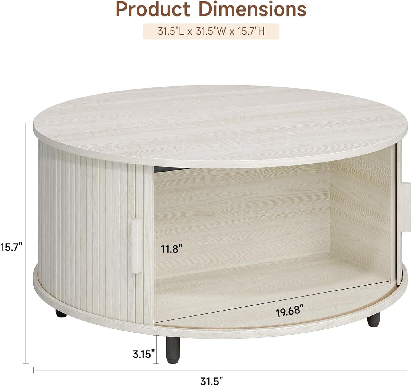 Round Coffee Table with Storage, 31.5" Modern Coffee Table with 360° Curved Sliding Door, Fluted Wood Coffee Table with Adjustable Footpads, Round Center Table for Living Room, Natural White