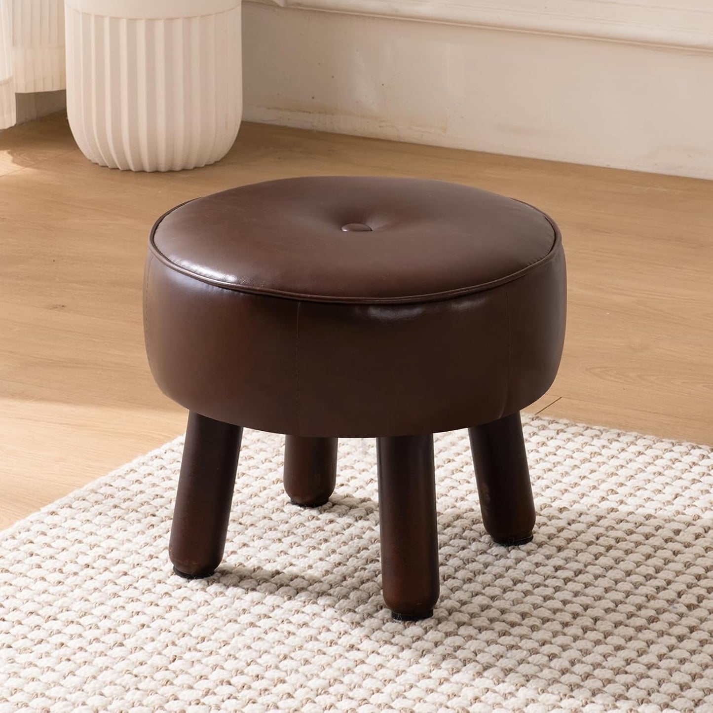 Small Foot Stool Ottoman, Round Pouf Foot Rest, Footstool Ottomans with Rubber Legs Under Desk, Faux Leather Footrest for Couch, Living Room, Bedroom, Office, 13''L x 13''W x 10.2''H, Coffee