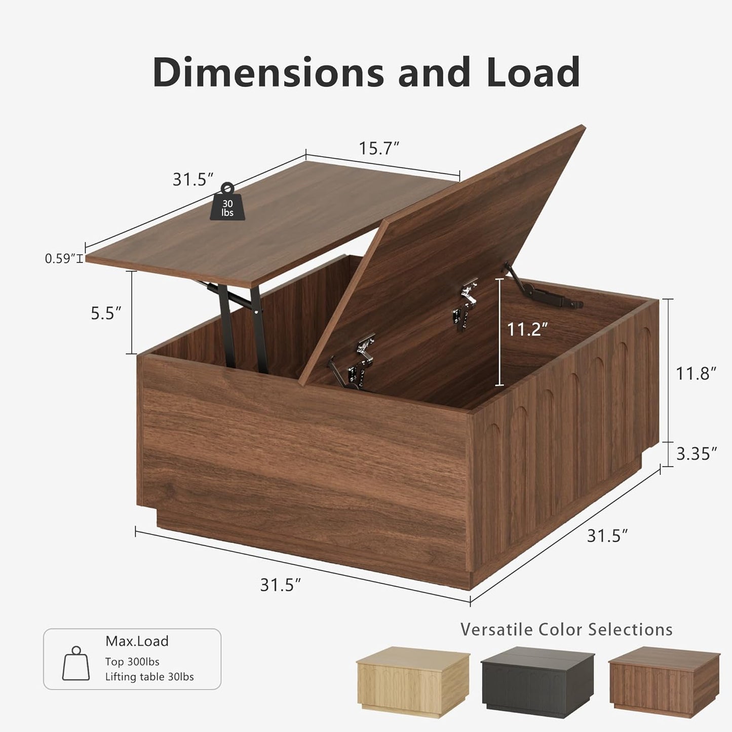 Lift Top Coffee Table with Storage, Mid Century Modern Coffee Table with Arched Design, 31.5" Square Tea Table with Wood Grain, Multifunctional Center Table for Living Room, Office, Walnut