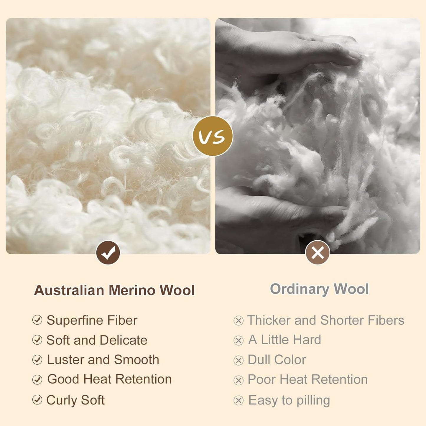 YOUR MOON 100% Pure Merino Wool Queen Size, Australian Organic Natural Wool Blanket, Hypoallergenic Wool Blanket for Bed, Medium Weight(Plaid Brown, 90 * 90)