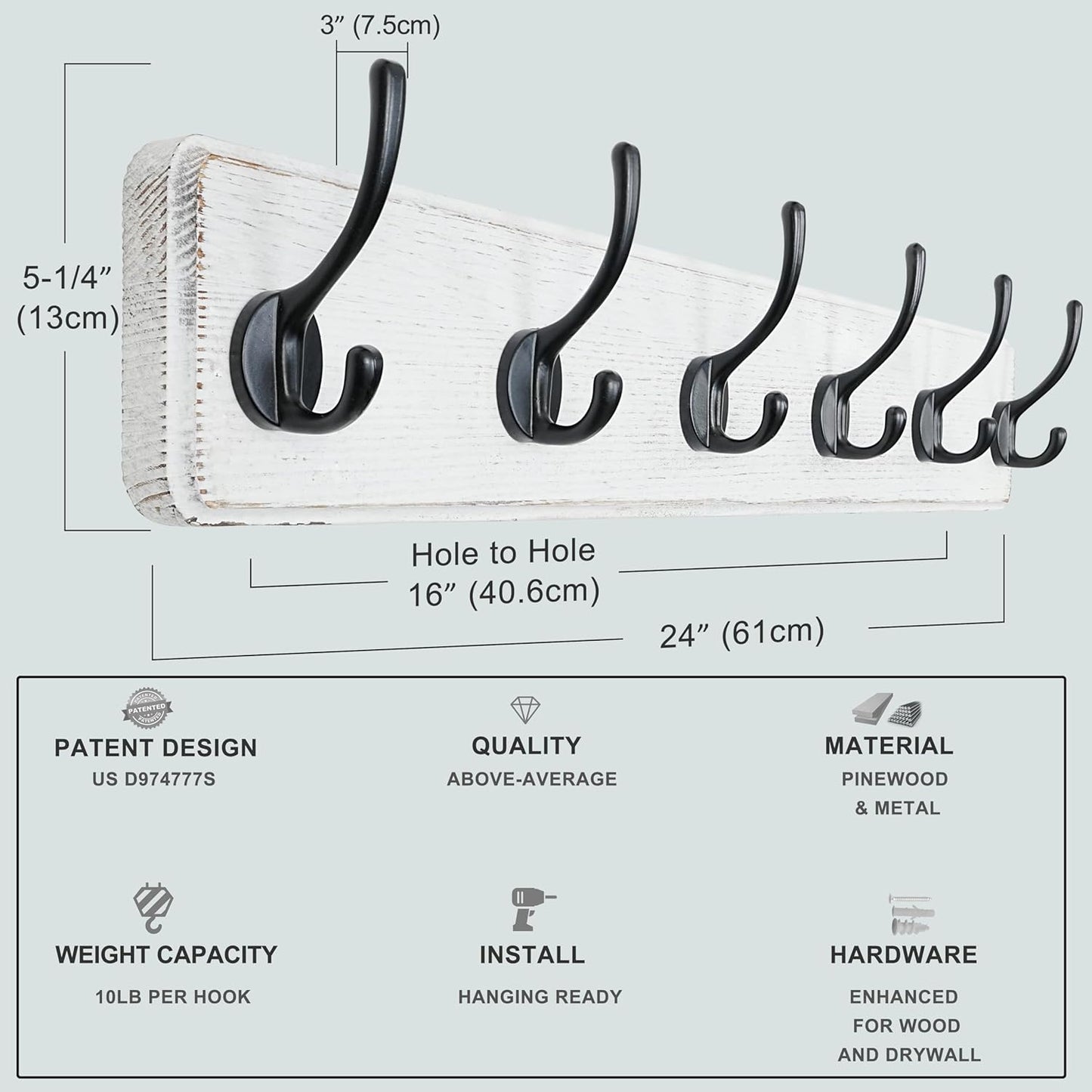 Dseap Coat Rack Wall: 24" Long, Patented, Heavy-Duty, 6-Double-Hooks Wooden Wall Mounted Coat Rack Coat Hanger Hook Rail for Winter Coats Hat Jacket Clothing, White & Black