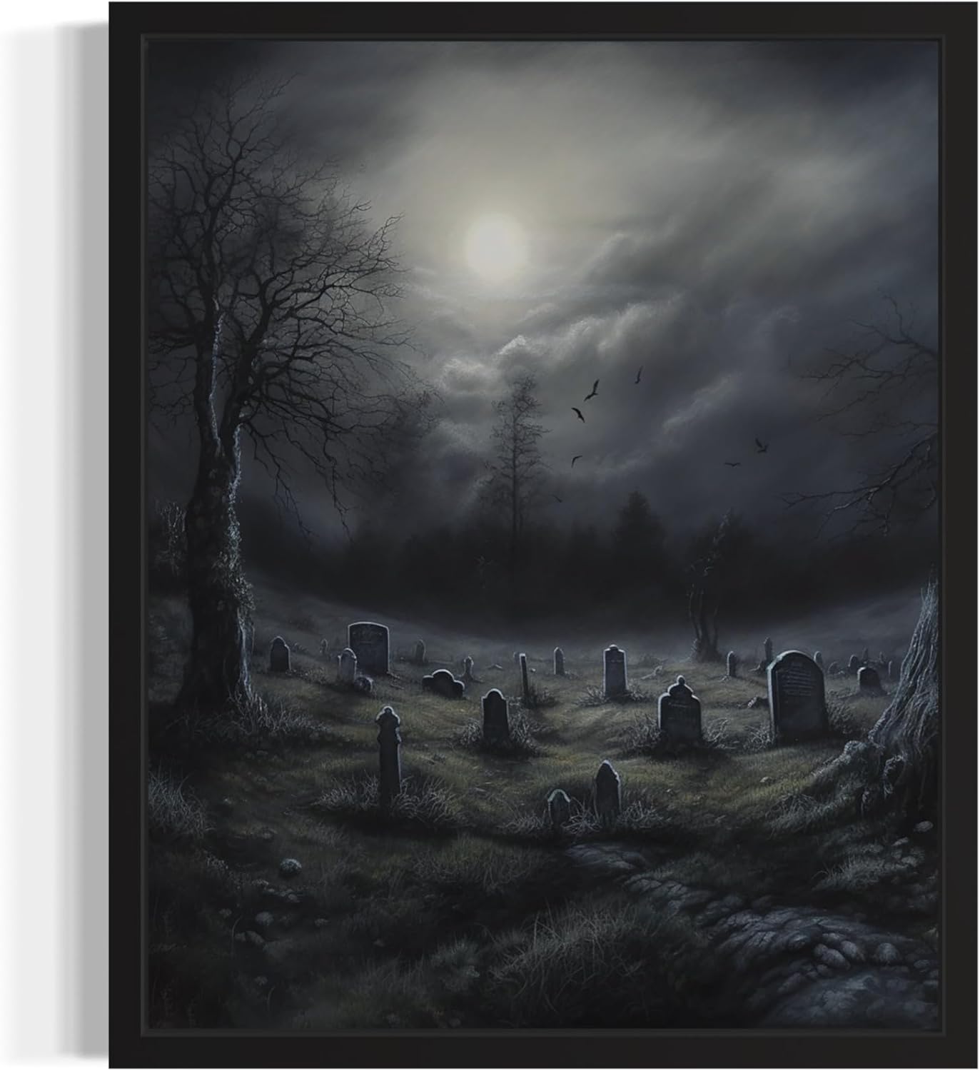 Gothic Graveyard Poster Art Print, Halloween Scary Vintage Wall Art Academia Spooky Painting Decoration for Horror Prints, Posters Bedroom Decor 89 (Gothic Graveyard, 8 x 10 inches, Black Frame)