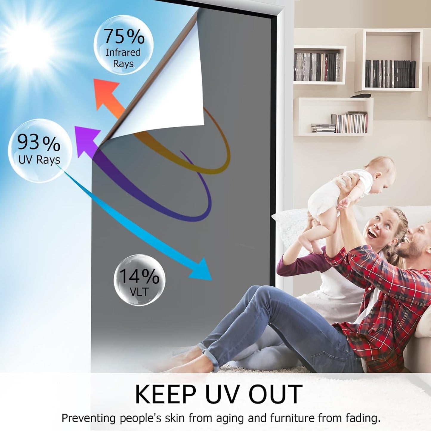 HIDBEA One Way Window Film, Daytime Privacy Sun Blocking Reflective Window Film No Glue Static Cling Heat Control Window Tinting Film for Home and Office, Black Silver, 45.3 x 78.7 Inch