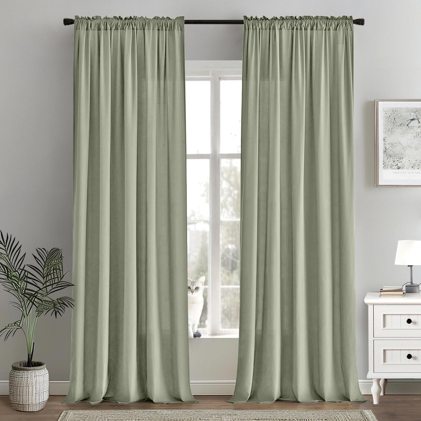 MIULEE Sage Green Privacy Sheer Curtains That Let Light in 96 Inches Long Non-See-Through Semi Sheer Curtain Light Filtering Window Curtains Drapes for Living Room Bedroom 2 Panels Set 42 X 96