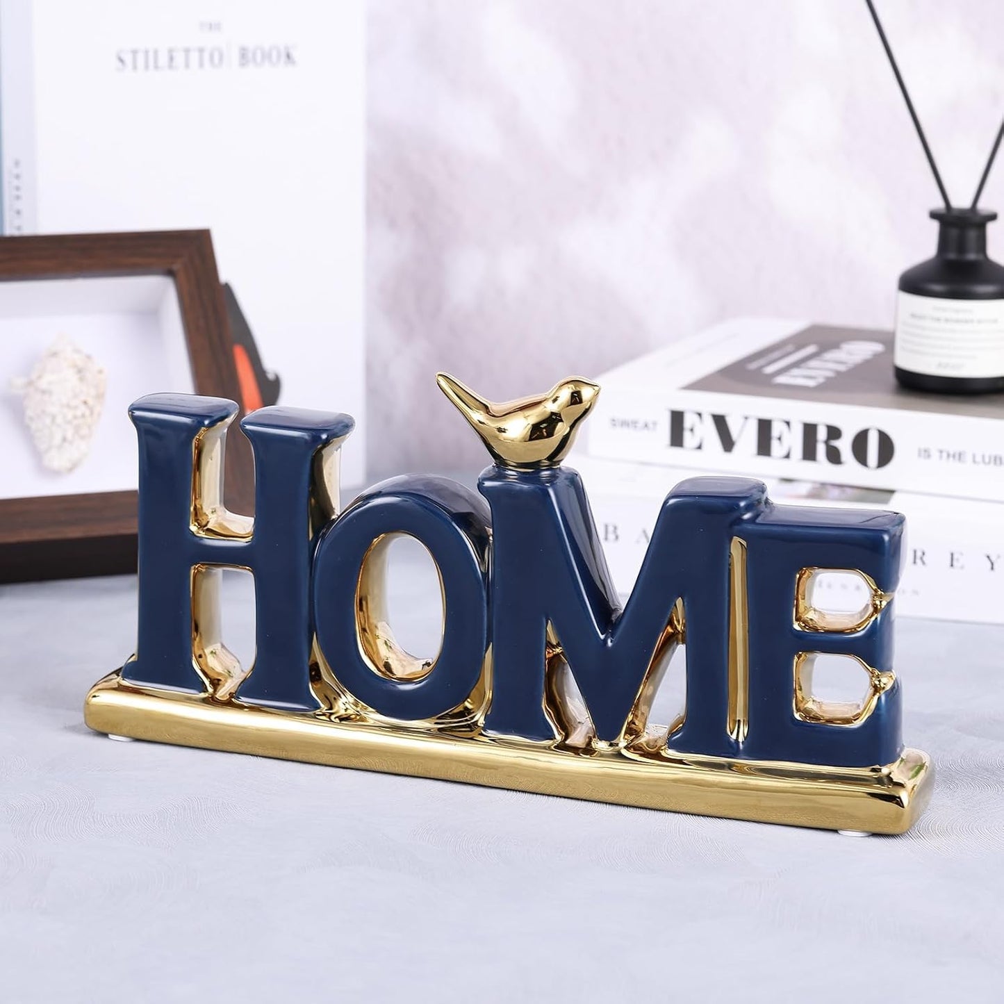 Love Sign Decoration,Blue and Gold Home Signs for Home Decor Statue,Modern Bird Sculpture Personalized Love Decor,Gold Style Figurine Decorative Ornaments for Living Room,Bedroom,Desktop