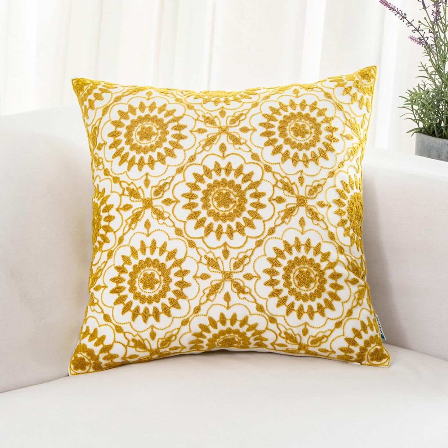 HWY 50 Yellow Decorative Throw Pillow Covers 18x18 Inch (1 Piece), Embroidered Cotton Farmhouse Cushion Cover Pillow Case for Sofa Couch Living Room Bed, Little Sunflower