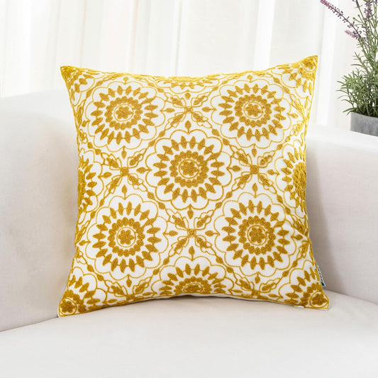HWY 50 Yellow Decorative Throw Pillow Covers 18x18 Inch (1 Piece), Embroidered Cotton Farmhouse Cushion Cover Pillow Case for Sofa Couch Living Room Bed, Little Sunflower