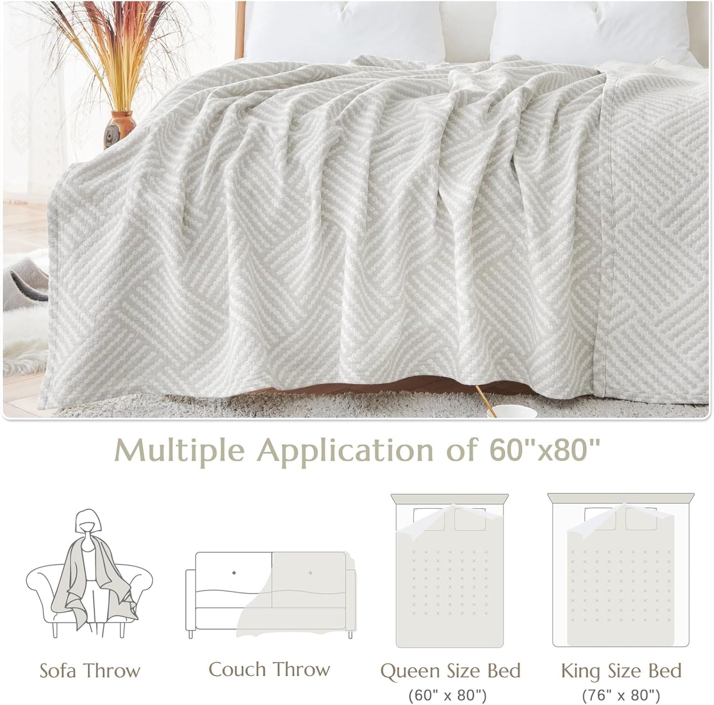 jinchan Boho 100% Cotton Blanket Muslin Twin Size 60x80 Inches Lightweight 3-Layer Geometric Square Pattern Reversible Quilt Throw Soft Breathable Comfy All Seasons for Couch Bed Decor, Light Grey